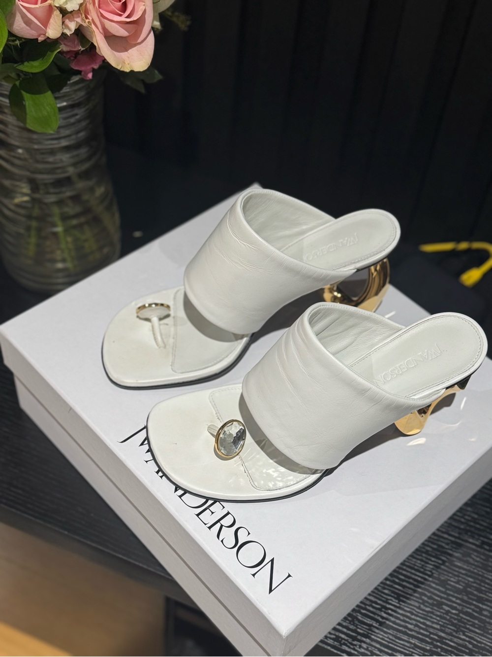 JW ANDERSON White Leather Toe-Ring Mules with Gold Sculptural Heel